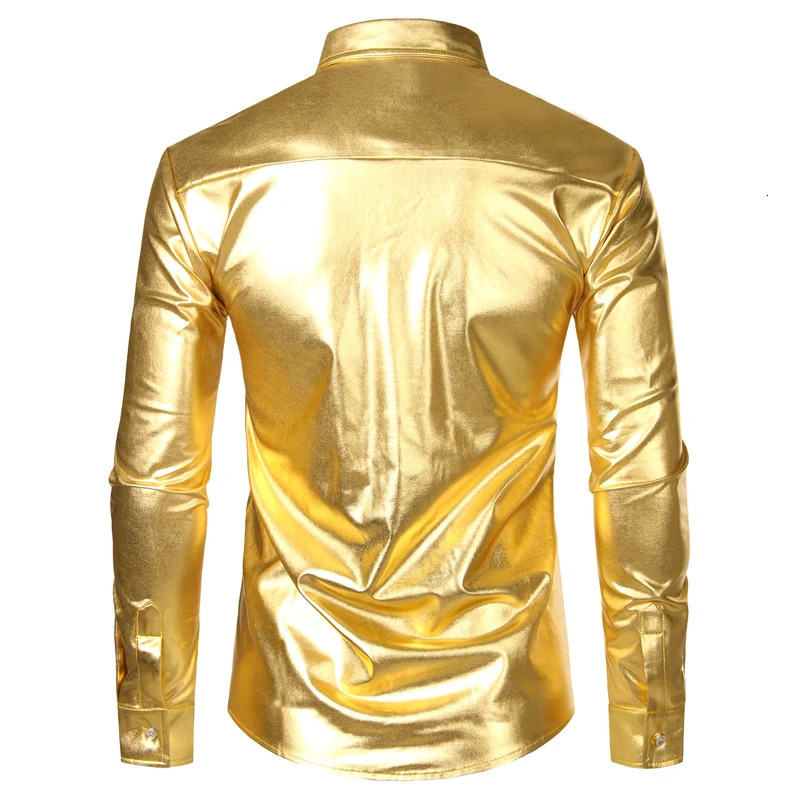 Mens Disco Shiny Gold Sequin Metallic Dress Shirt Long Sleeve Button Down Christmas Halloween Bday Party Stage Costume 241126
