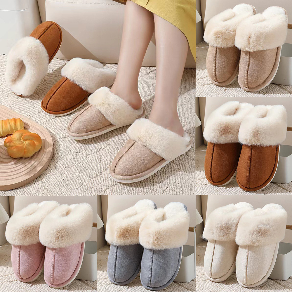 Free shipping winter flat fur slippers for women pink beige khaki grey Tan mens designer slides outdoor womens snow slipper comfort slip-on flats shoe