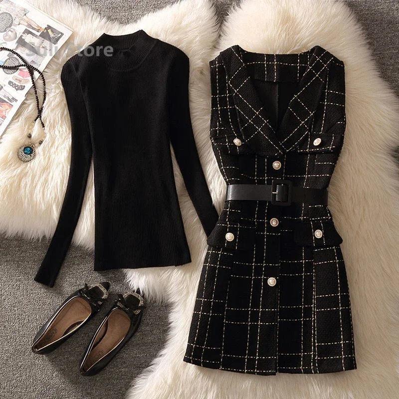 Retro medium length 75cm plain weave tweed vest jacket womens 2-piece set elegant pearl button waistband unlined coat knitted sweater 241126