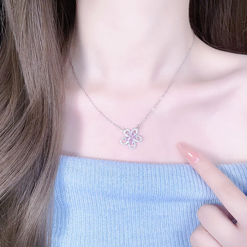 Chic Women's Small Clearance Pink Zircon Flower Choker Necklace in Stainless Steel