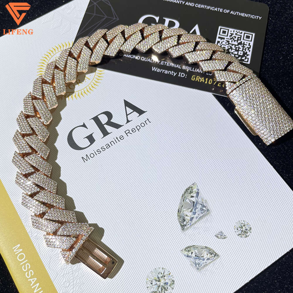 Factory Price15mm Width 925 Solid Silver Iced Out Hip Hop Jewelry Moissanite Cuban Link Chain Bracelet Men