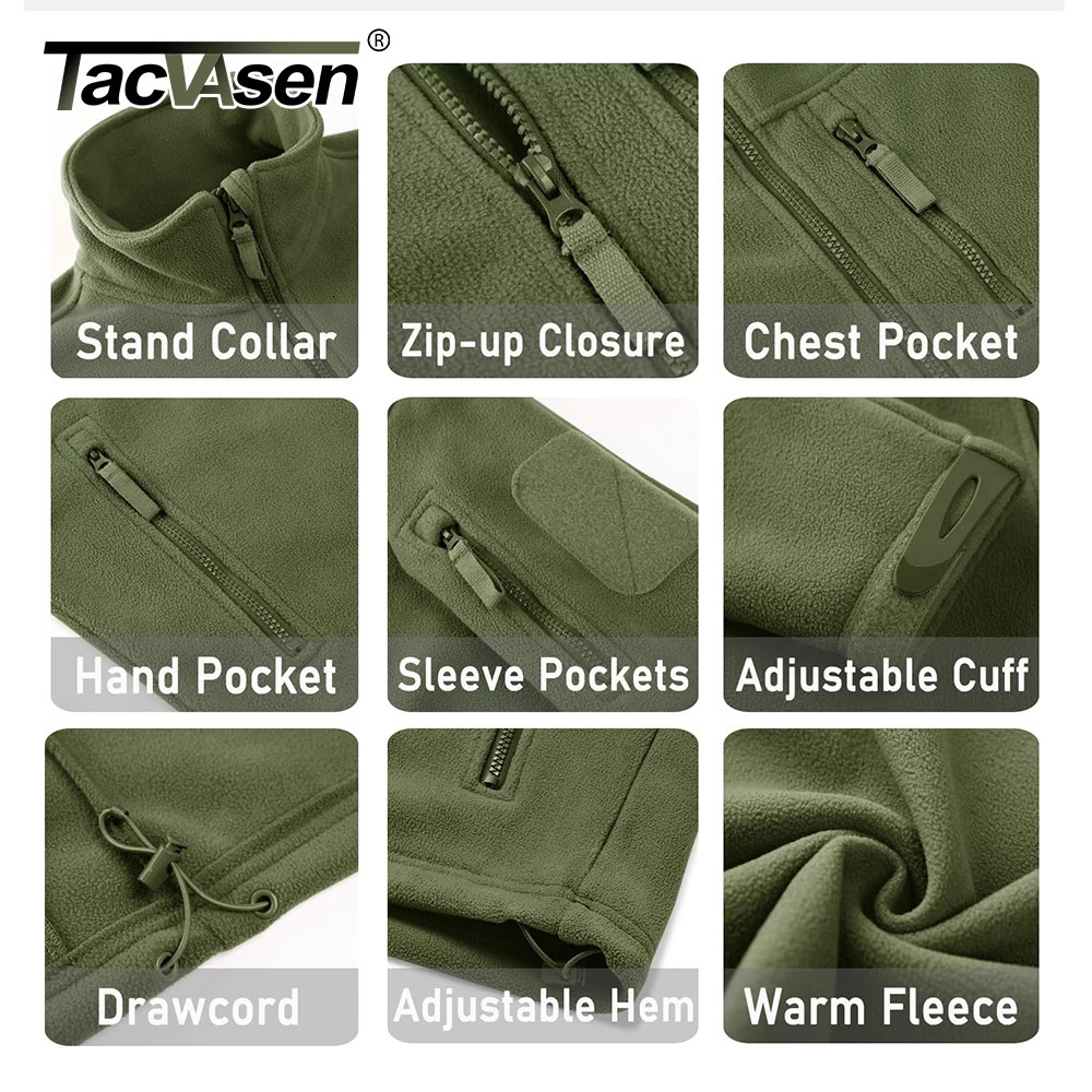 TACVASEN Mens Fleece Jacket Soft Warmth Windproof Full Zip Up Coat Multiple Zipper Pockets Hiking Working Outdoors Windbreaker 241112