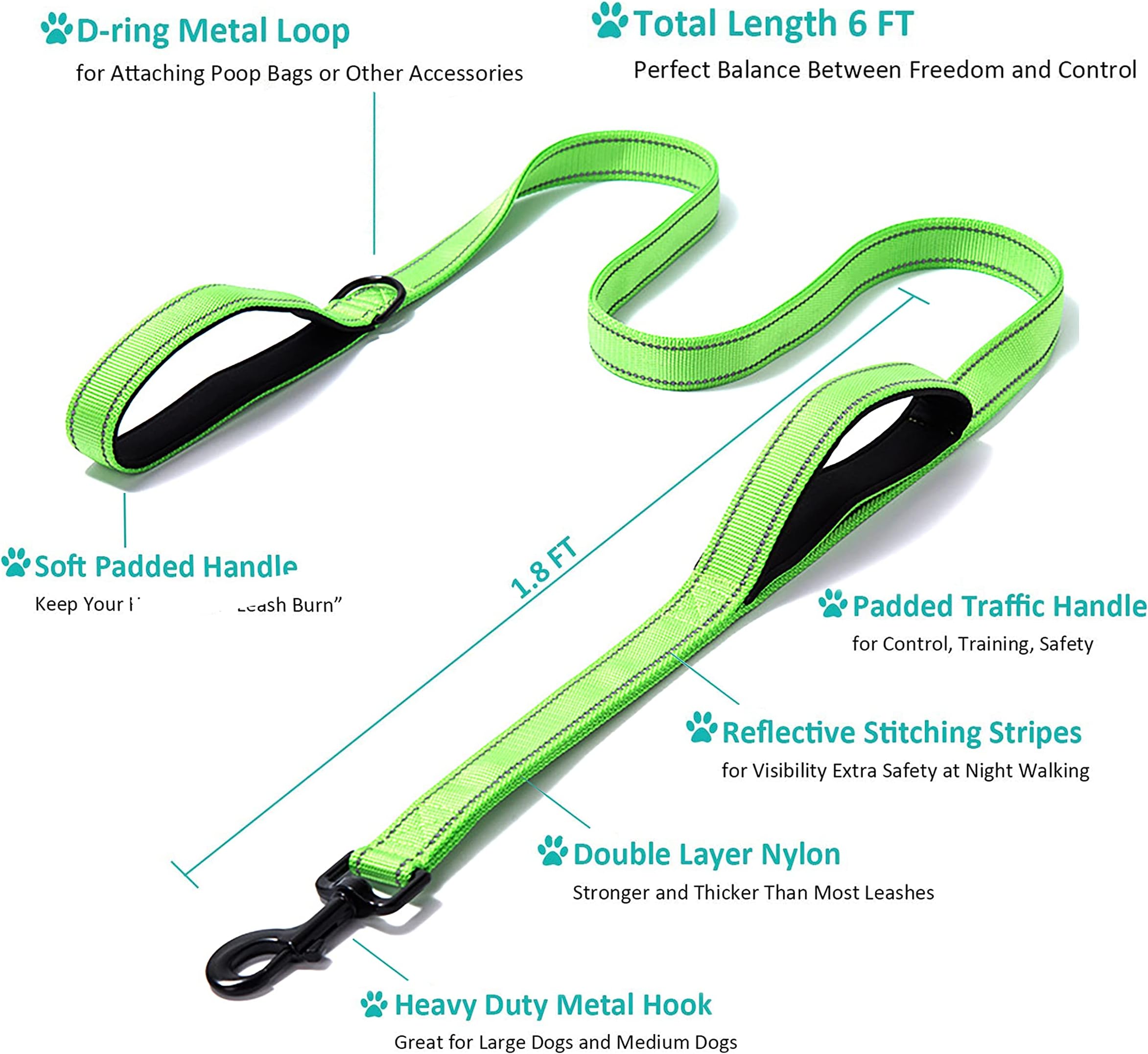 Dog Leash Heavy Duty 2 Handles by Padded Traffic Handle Extra Control,foot Long - Perfect for Medium to Large Dogs ( ft, Black Blue