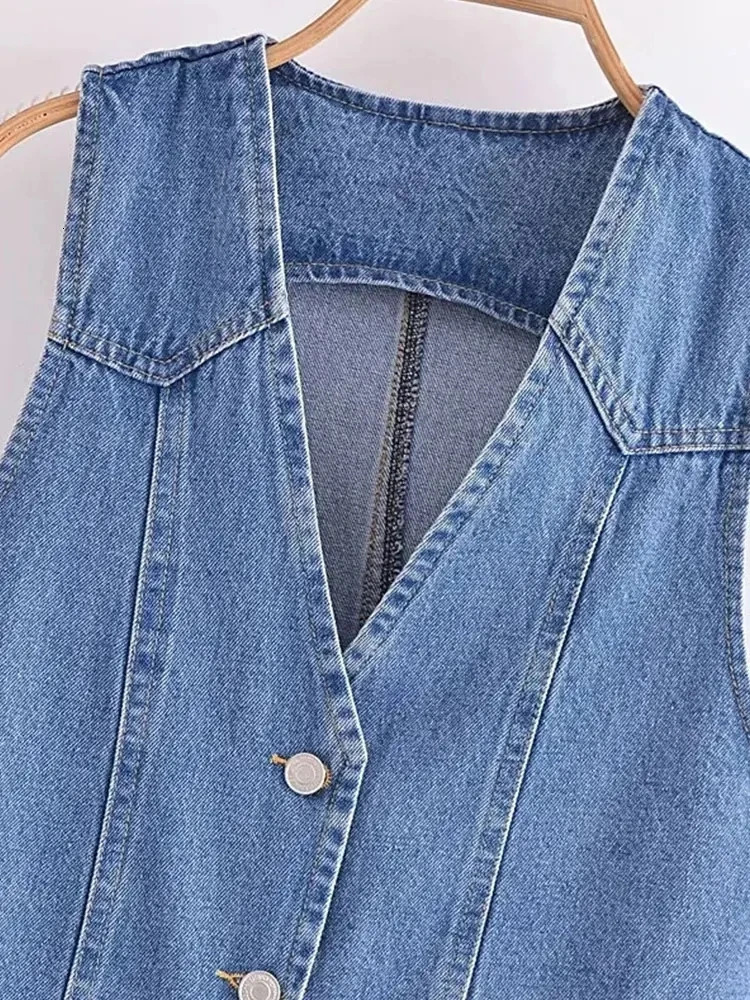 Nlzgmsj TRAF summer womens short denim blue vest fashion V-neck sleeveless ultra-thin womens casual single chest button vest 241126