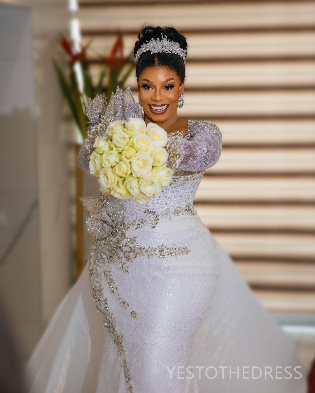 2025 African Wedding Dress Bridal Gowns Plus Size Mermaid Wedding Gowns Sheer Neck Long Sleeves Pearls Beaded Lace Gowns For Nigeria Black Women Bride