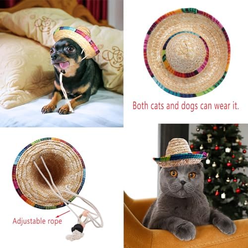 AWOCAN Straw Hat Funny Mexican Sombrero Cap Party Decorations Cinco De Mayo Pet Hats for Small Pets/Puppy/Cat