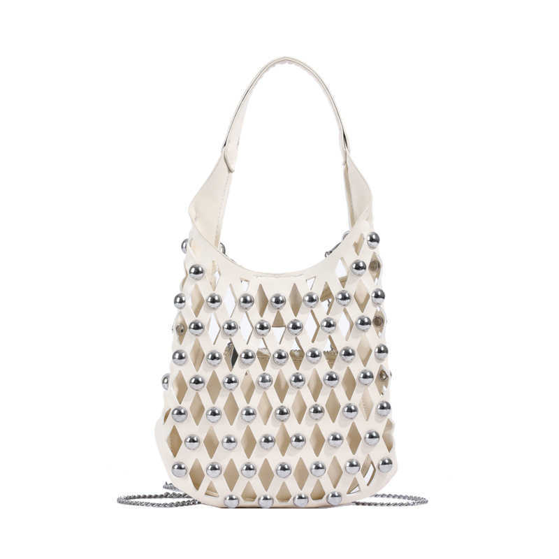 New Womens Bag with Hollowed Out Diamond Pattern Handbag Punk Style Round Rivet Tote Bags Trendy Crossbody Purses 241127