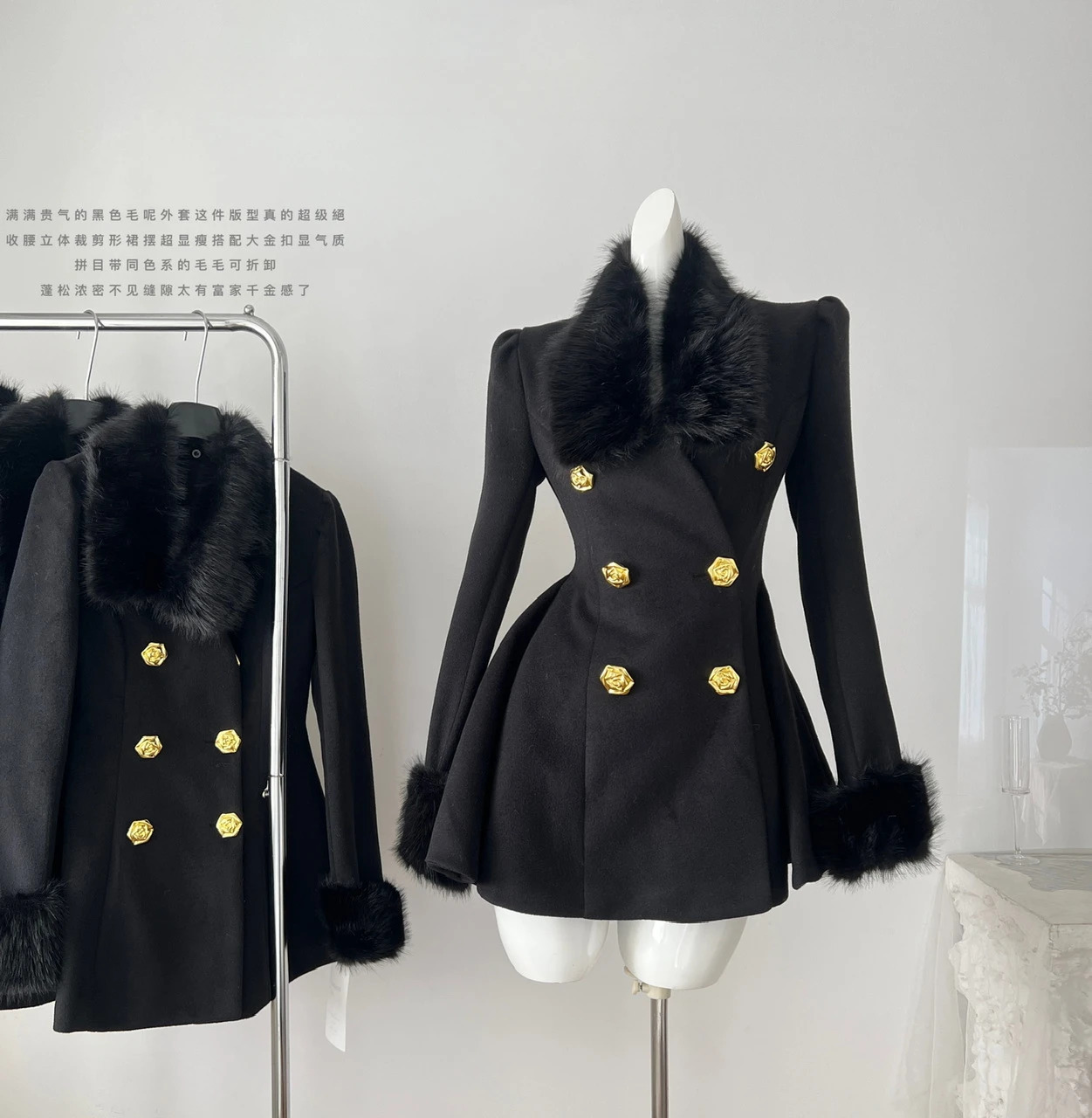 French Hepburn style fur collar black waist ruffled wool coat womens winter clothing medium length commuting suit jacket 241125