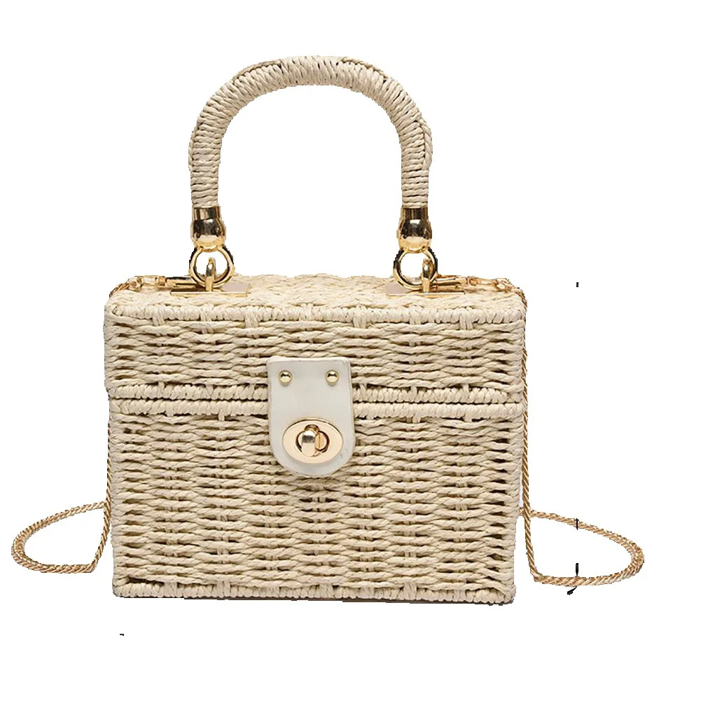 New rattan woven shoulder bag trend for leisure women Bohemian handmade woven basket crossbody bag beach square box top designer handbag
