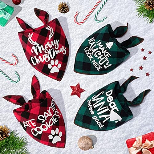 4 Pack Merry Dog Bandanas ic Triangle Fall Xmas Christmas Printing dogs Red Plaid Scarf Bibs Kerchief Gifts Set - Pet Holiday Accessories Decoration f