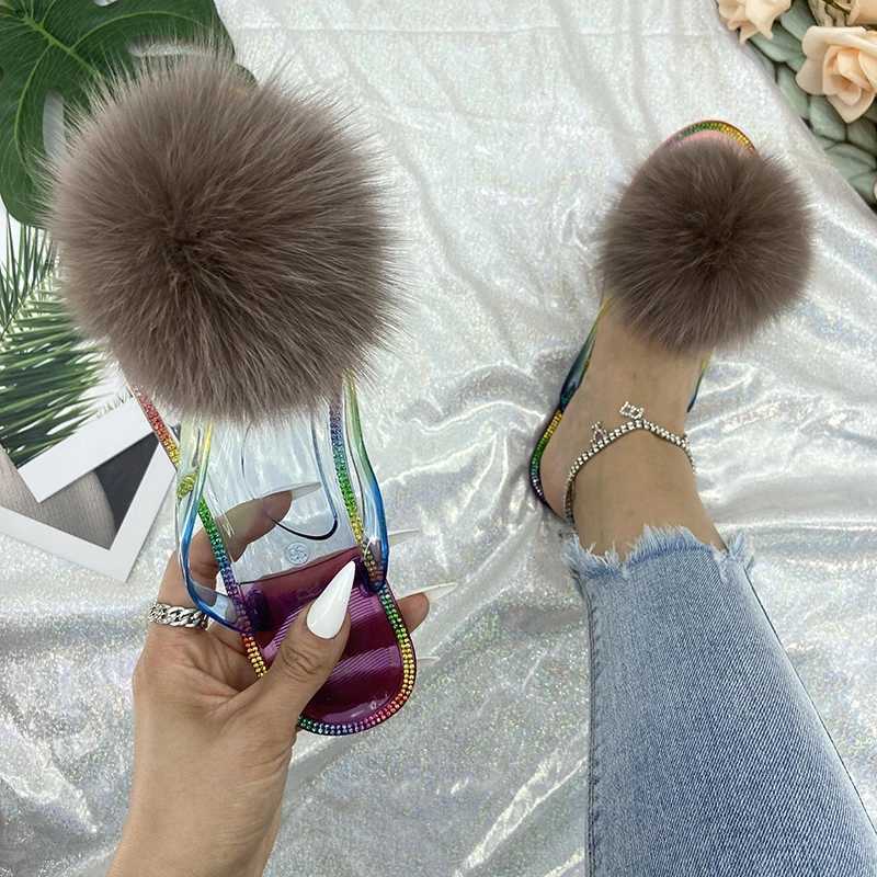 Fur Flip Flops Women Summer Beac Ladies Real Fur Furry Pom Transparent Crystal Flats Slides 2022 Fox Fur SandalsXJ250207