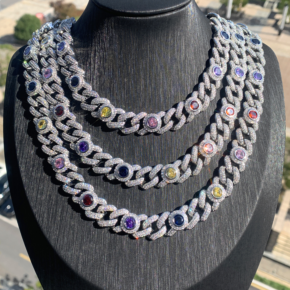 Fashion New Iced Out Round Eye Charm Necklace 12mm Cuban Chain Prong Setting Rainbow Cubic Zirconia Hip Hop Jewelry