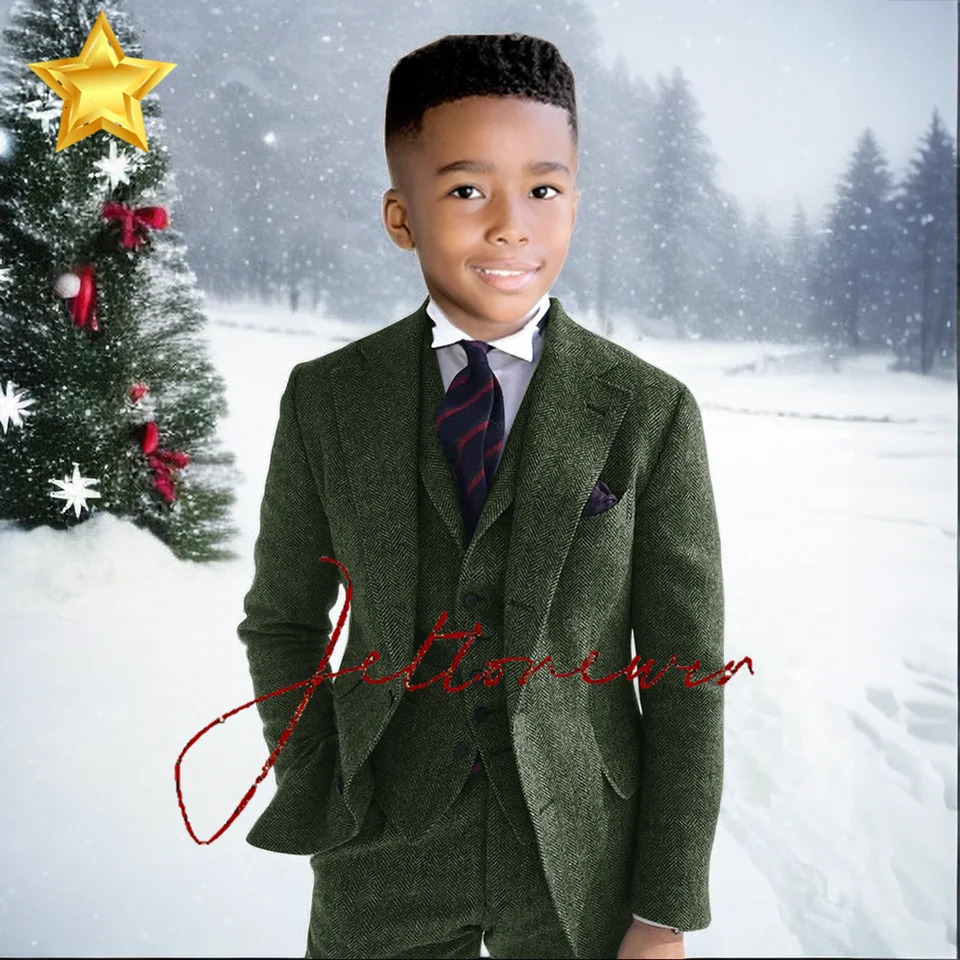 Gray Wool Tweed Winter Boy Suits For Wedding Formal KidsTuxedo Herringbone Child Fashion 3 Piece Jacket Vest Pants 241126
