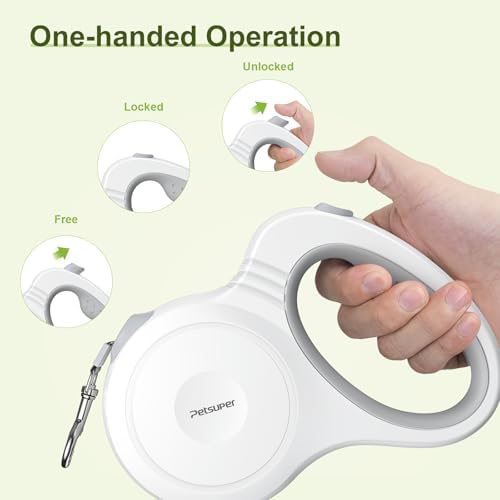 Petsuper Leash,16FT Dog Leash Retractable for Dogs up to 88lbs,360 No Tangle,One-Handed Brake,Big Grip,White