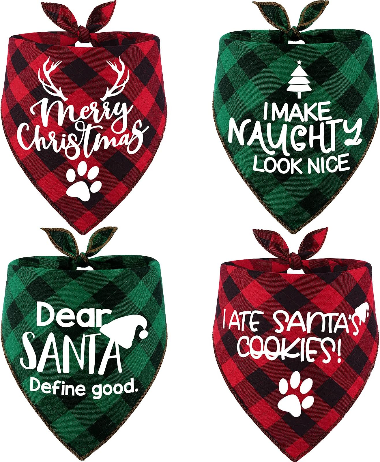 4 Pack Merry Dog Bandanas ic Triangle Fall Xmas Christmas Printing dogs Red Plaid Scarf Bibs Kerchief Gifts Set - Pet Holiday Accessories Decoration f