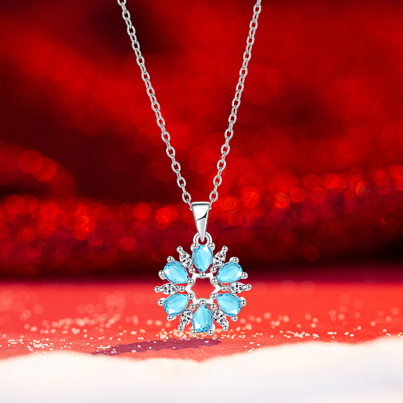 Chic Ladies' Sterling Silver-Tone Blue Crystal Snowflake Pendant Necklace Casual Workwear Accessory