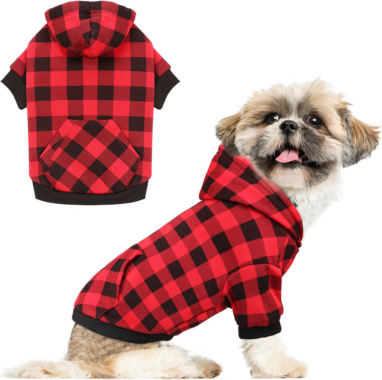 Hoodie Sweater Red Plaid Clothes Warm and Soft Breathable Cozy Hoodies Dog Sweaters for Extra Large Dogs with Pocket(XL