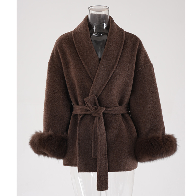 Korea Chic Flip Collar Fox Fur Double-Sided Woolen Coat Elegant Wool Jacket Women Winter Brown Overcoats 6U724