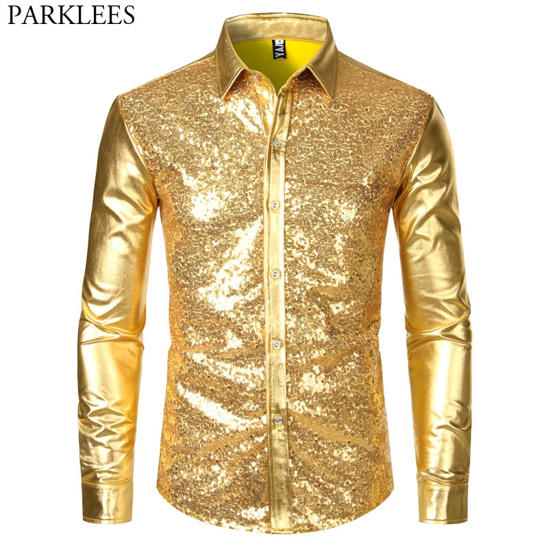 Mens Disco Shiny Gold Sequin Metallic Dress Shirt Long Sleeve Button Down Christmas Halloween Bday Party Stage Costume 241126