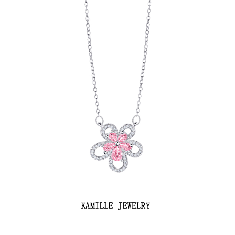 Chic Women's Small Clearance Pink Zircon Flower Choker Necklace in Stainless Steel