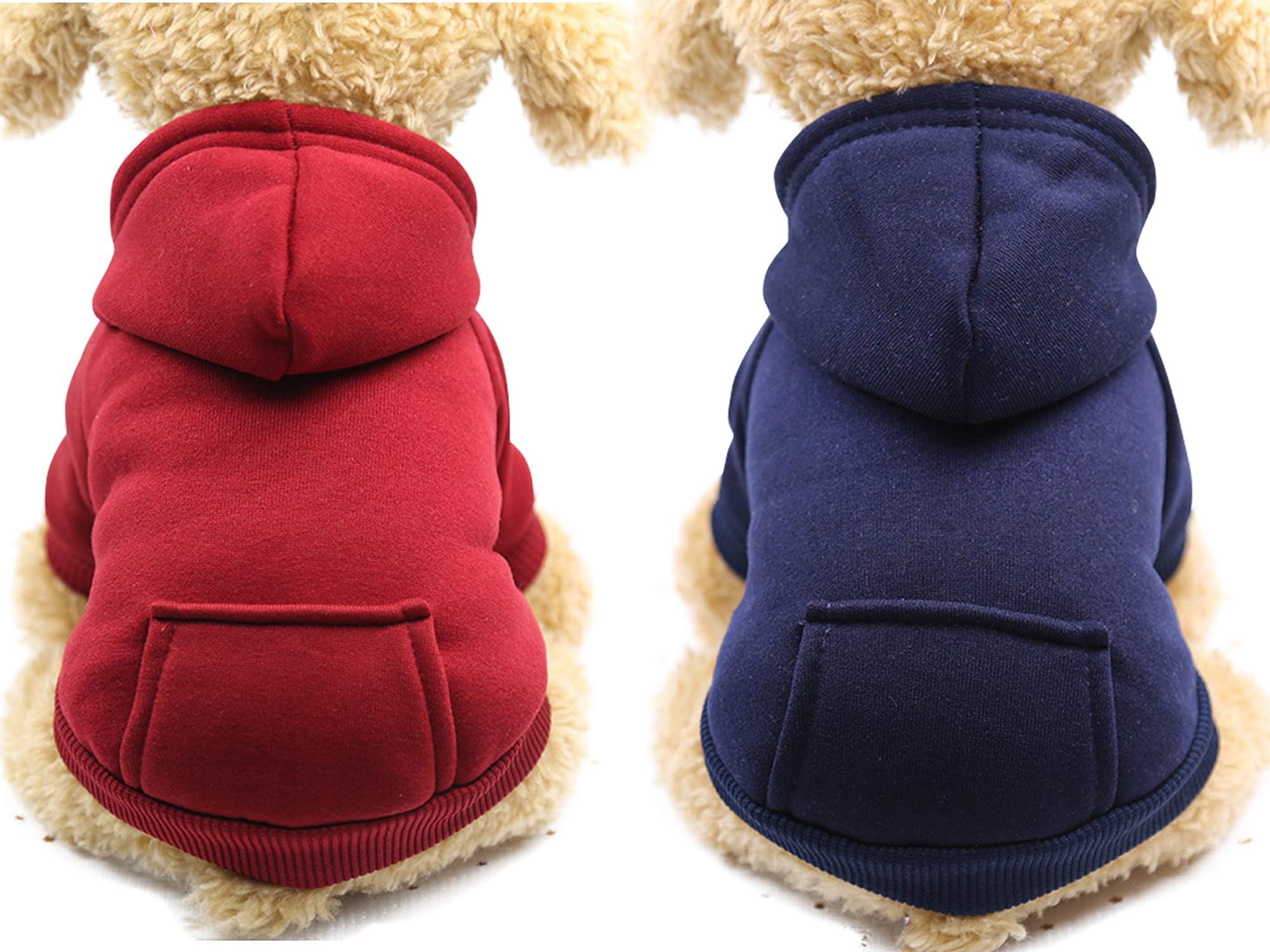 2 Pieces Winter Hoodie Warm Small Dog Sweatshirts with Pocket Cotton Coat for Chihuahua Clothes Puppy Costume(M, Blue, Wine Red