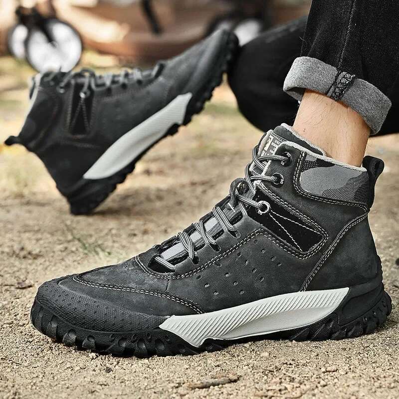 Men New Genuine High Tops Casual Sport Hiking Shoes Outdoor Sneakers Hot Skidproof Cow Leather Climbing Boots
