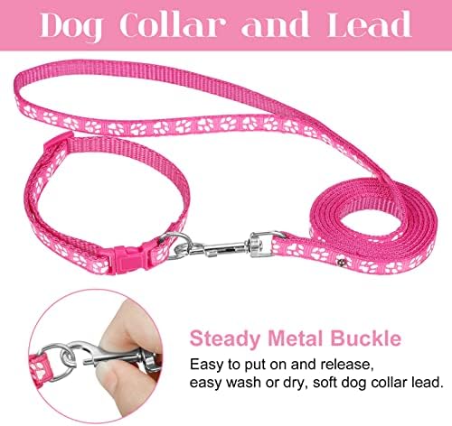 BOUSOE 2 Packs Dog Leash Set, and Lead Set Quick Release Buckle Adjustable Paw Print Soft Nylon Pet Collar for Puppy Small Dogs