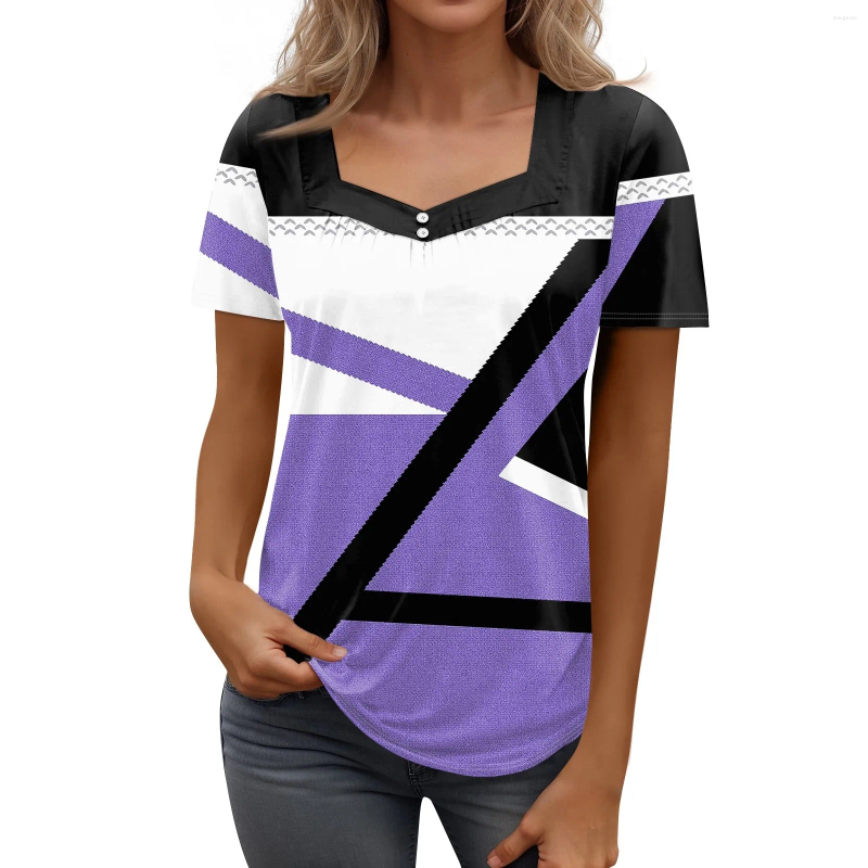 Womens T Shirts Shirtee Print Button Short Sleeve Daily Weekend Fashion Basic Square Collar Regularop Youthful Woman Clothes Cloth