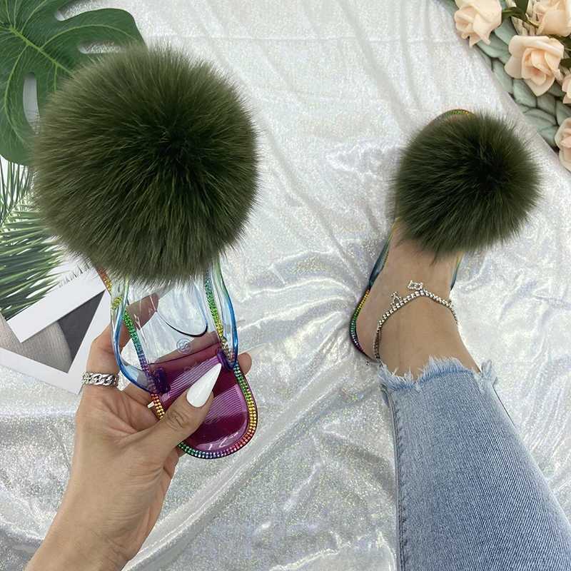 Fur Flip Flops Women Summer Beac Ladies Real Fur Furry Pom Transparent Crystal Flats Slides 2022 Fox Fur SandalsXJ250207