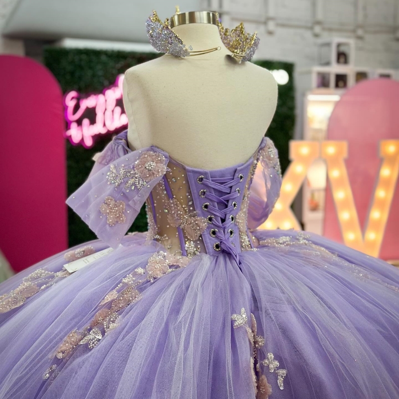 Sparkly Lilac Ball Gown Quinceanera Dress Applique Bow Beads Tull 2024 Sweetheart Birthday Party Sweet 16 Vestidos De 15 Anos