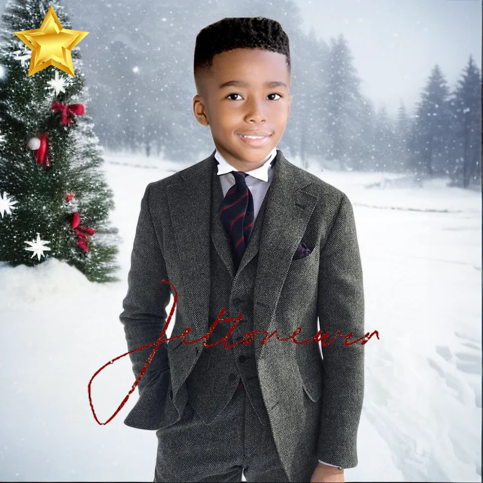 Gray Wool Tweed Winter Boy Suits For Wedding Formal KidsTuxedo Herringbone Child Fashion 3 Piece Jacket Vest Pants 241126