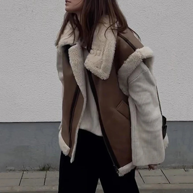 Womens Fashion Splicing Work Sleeveless Tank Top Coat Loose Thick Collar Suede Leather Jacket Coat Autumn Winter Fashion Top Coat 241126