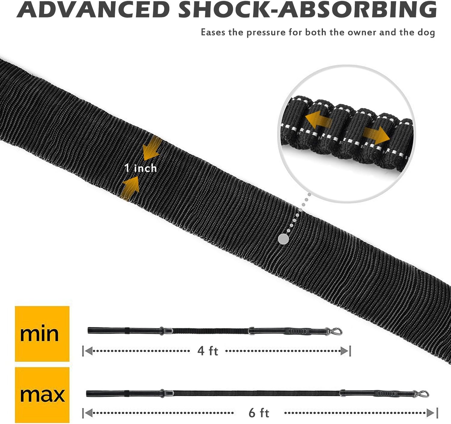 Fashion&cool Heavy Duty Especially Large Dogs Up to 150lbs, 4-6 Ft Reflective Dog Walking Training Shock Absorbing Bungee Leash Car Seat Belt Buckle, 