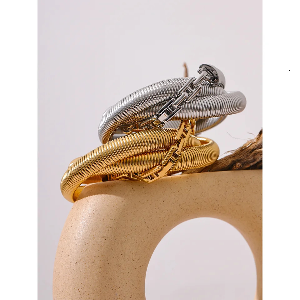 Yhpup High Quality Stainless Steel Layered Elastic Thick Bracelet Bangle Waterproof 18K Gold Plated Statement Unisex Jewelry 241127