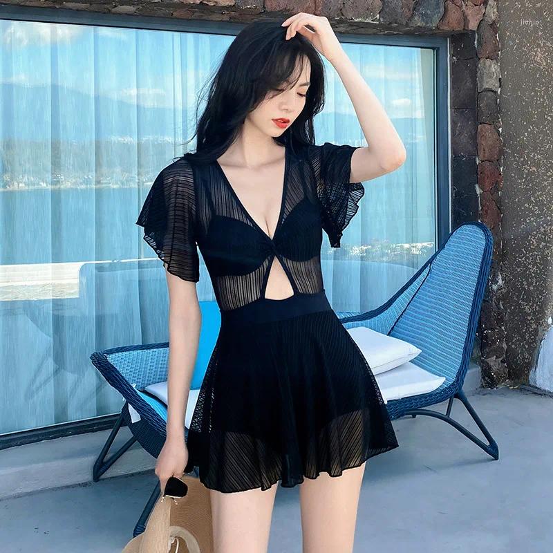 Womens Swimwear Korean One-piece Swimsuit Women Black White Sexy Lace Mesh High Waisted Summer Beach Holiday Slimming Bathing Suit 2024