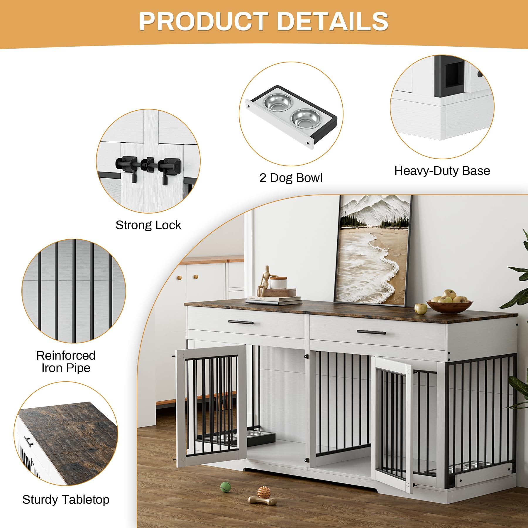 OUYESSIR Dog Crate Furniture, 72.05 Inch Wooden Large Dog Kennel with 2 Drawers & Dog Bowls, Dog House with Double Doorss & Divider, Heavy Dut