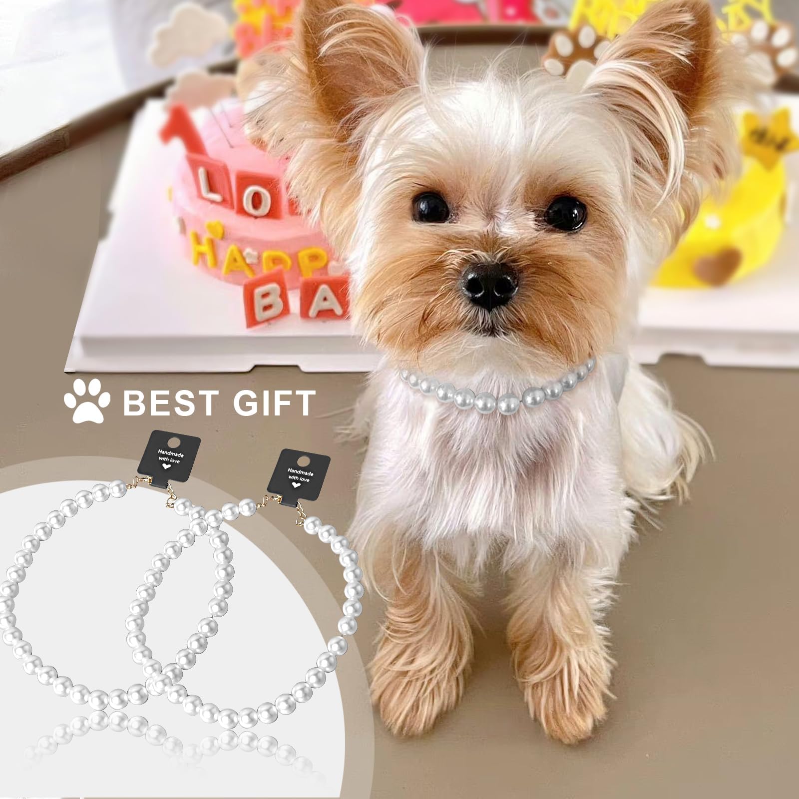 Pet Pearl Collar, Adjustable Dog Necklace,Chic Jewelry for Cat Puppy Chihuahua Girl Dogs Clothing Dress Accessories(White) (M 11.8''