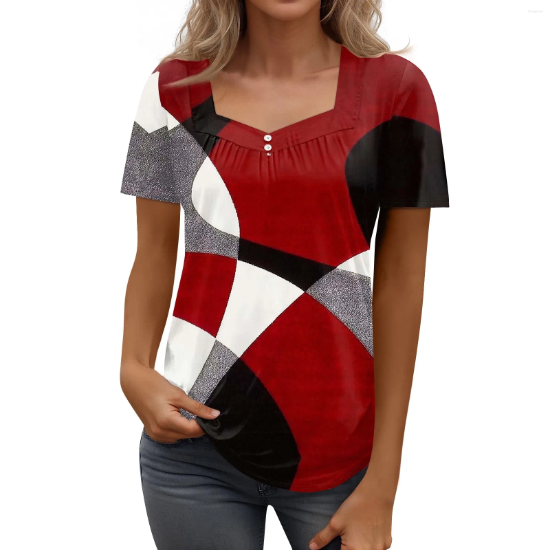 Womens T Shirts Shirtee Print Button Short Sleeve Daily Weekend Fashion Basic Square Collar Regularop Youthful Woman Clothes Cloth