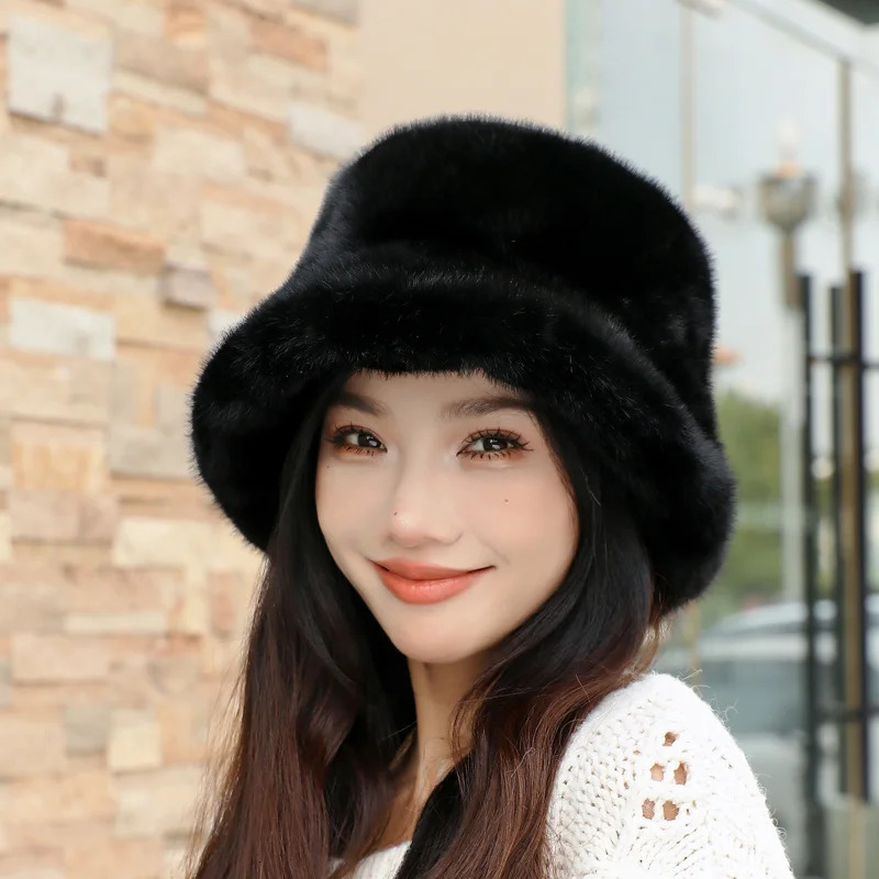 Womens bucket hat fluffy faux fur hat womens plush fisherman hat warm winter hat thick snow Panama hat 241127