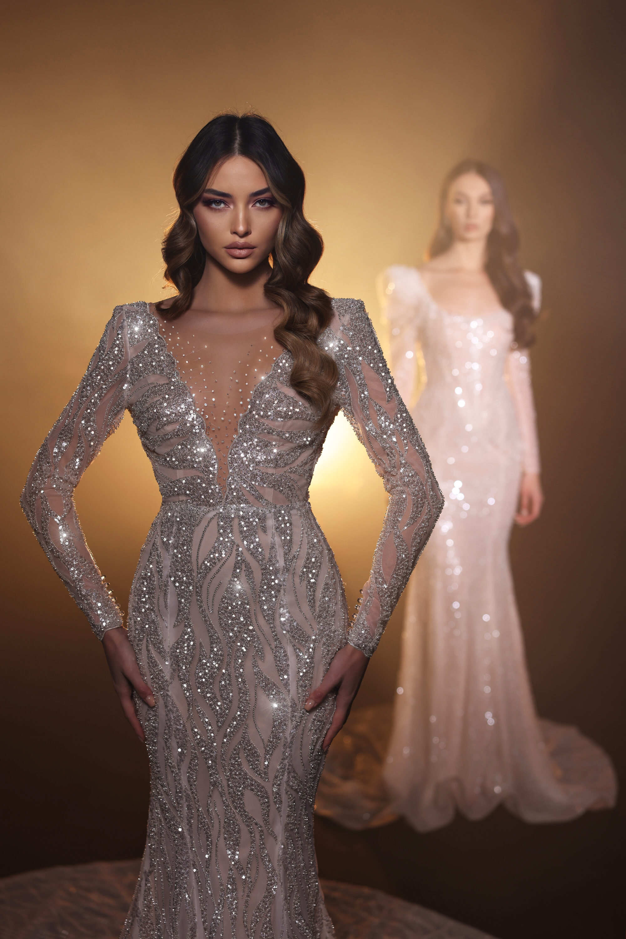 Mermaid Wedding Dresses For Women Sheer Neck Long Sleeves Bridal Gown Sequins Detachable Train Party Customized Dress vestidos de novia