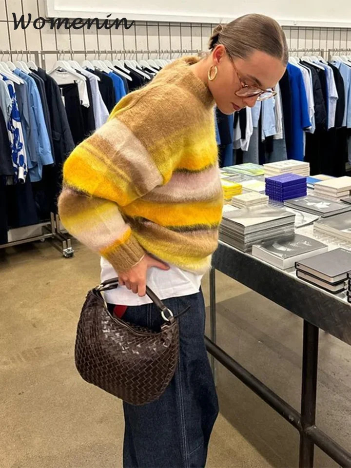 Fashion Womens Knitted Striped Mohair Sweater Vintage Oneck Long Sleeve Pullover Autumn Winter Lady Fluffy Street Jumper