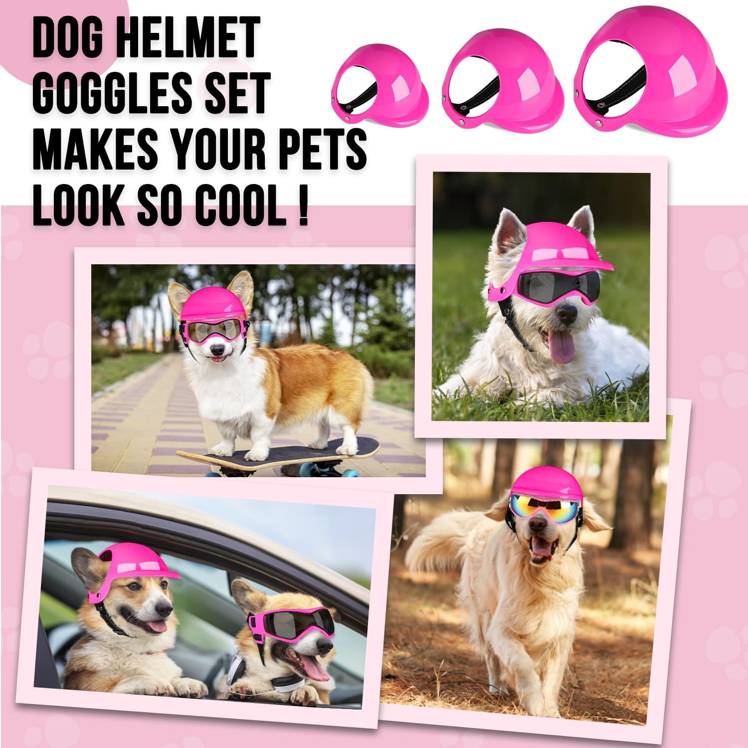SlowTon and Goggles - UV Protection Doggy Sunglasses Dog Glasses Pet Motorcycle Helmet with Ear Holes Adjustable Belt Safety Hat for Medium Large Dogs