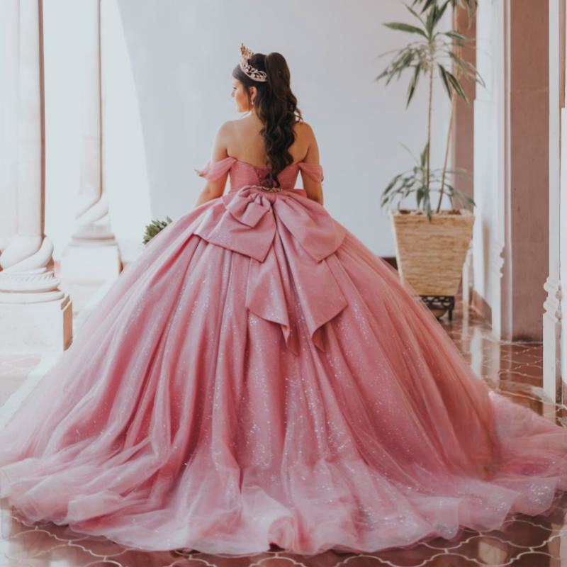 Pink Customized Ball Gown Quinceanera Dresses Off Shoulder Bow Tull Party Birthday Mexico Sweet Dress Vestidos De Anos