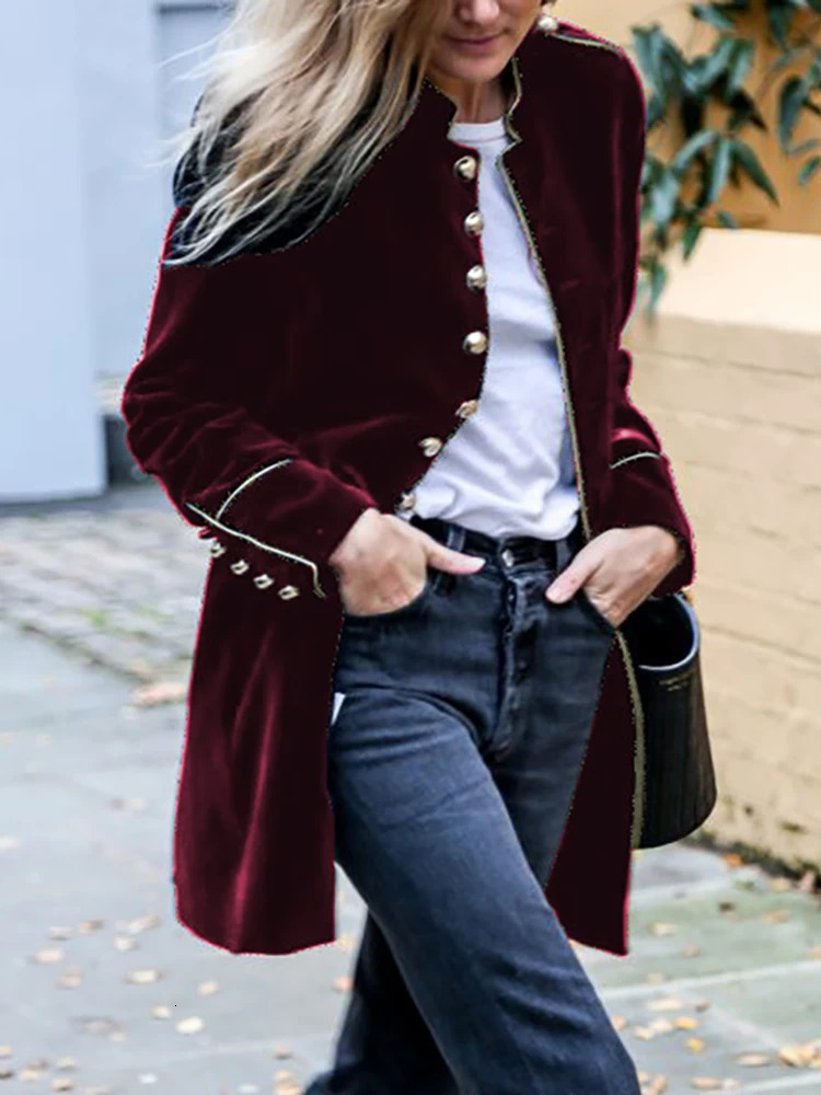 Womens long sleeved stand up collar casual jacket solid single chest o open top jacket 241127