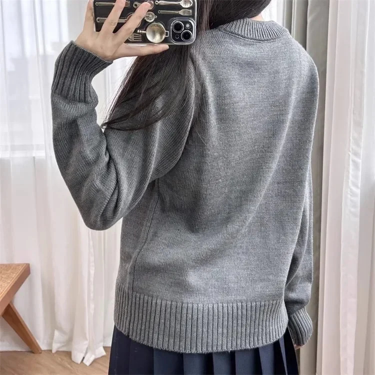bunny graphic print Oneck sweater women grey wool ribbed edges jumper autumn winter pullover female 241126