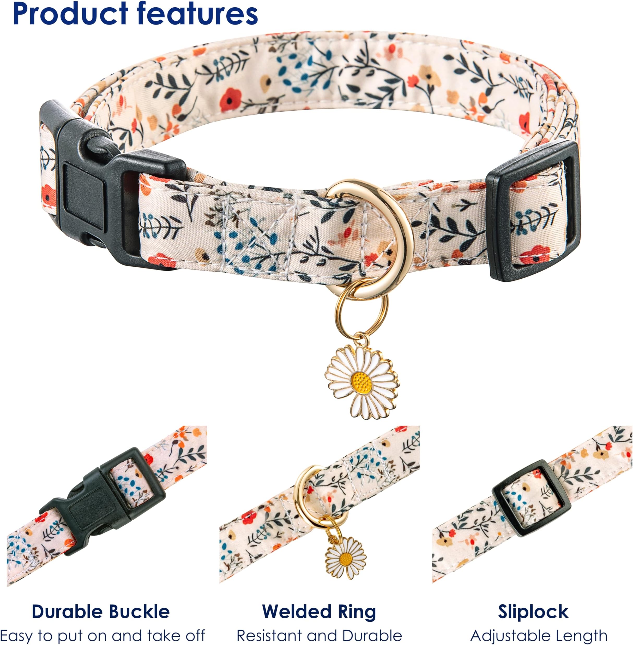 Raisingwell Cute Collar Beige Flower Pattern Boys and Girls Holiday Dog Collars Summer Fall Gift Adjustable for Small to Medium Breed Dogs
