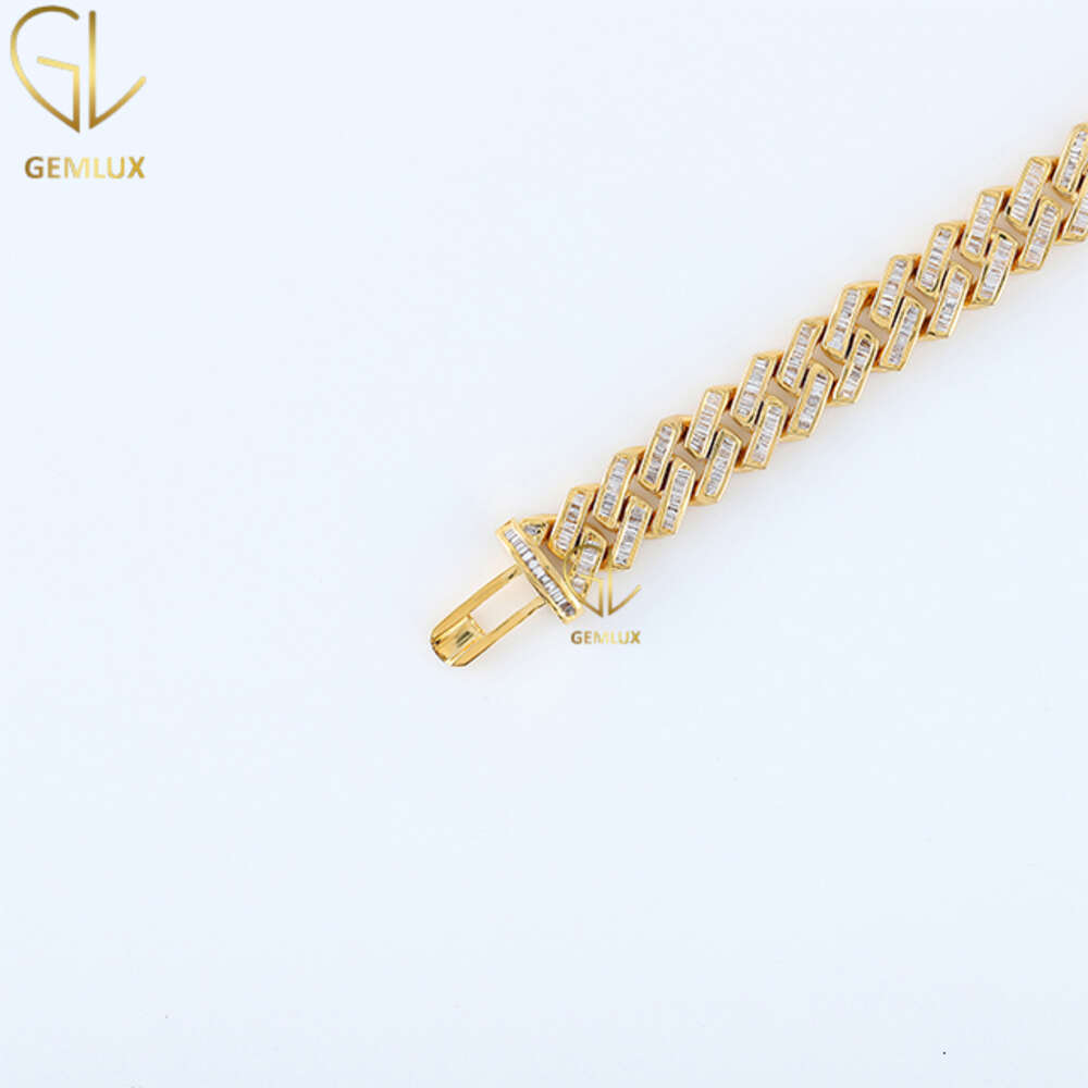 New Design Bust Down Baguette Cut Moissanite Diamond Hiphop Jewelry Gold Finish Iced Out Miami Cuban Chain Necklace for Men
