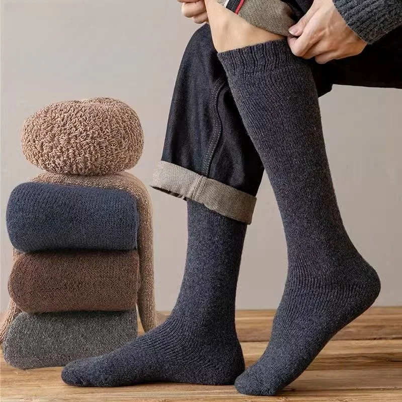3 Pair Winter Thick Warm KneeHigh Mens Wool Socks Merino Calf Casual Cashmere Terry Fashion Stockings Men 241112
