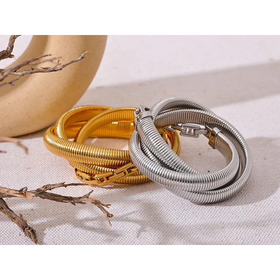 Yhpup High Quality Stainless Steel Layered Elastic Thick Bracelet Bangle Waterproof 18K Gold Plated Statement Unisex Jewelry 241127