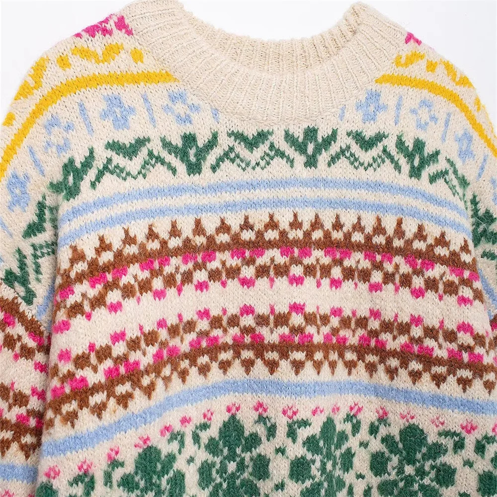 Autumn and winter casual womens clothing fashion contrasting jacquard knitted round neck pullover sweater 241126